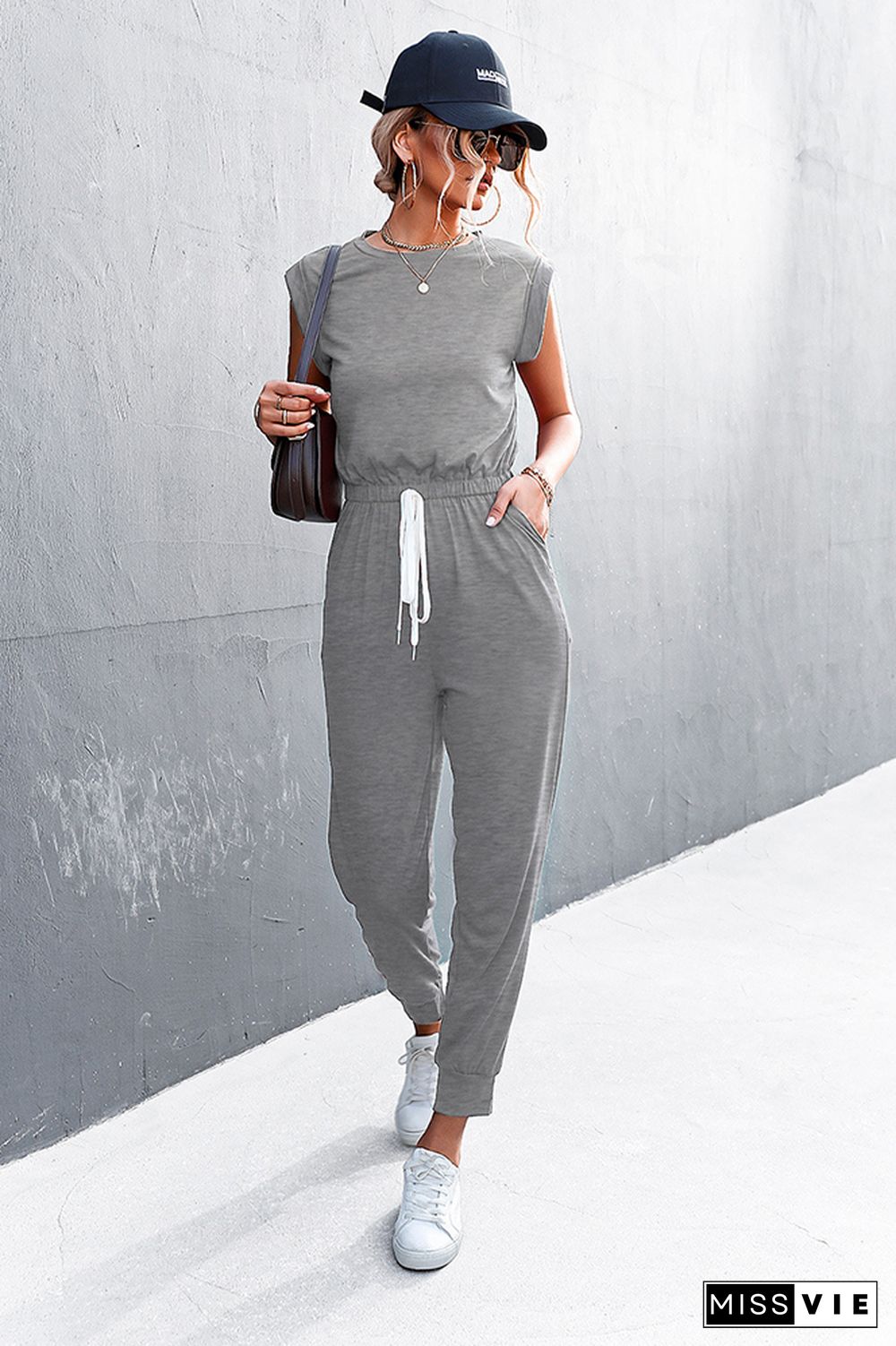 Solid Sleeveless Drawstring Waist Jumpsuit Wholesale