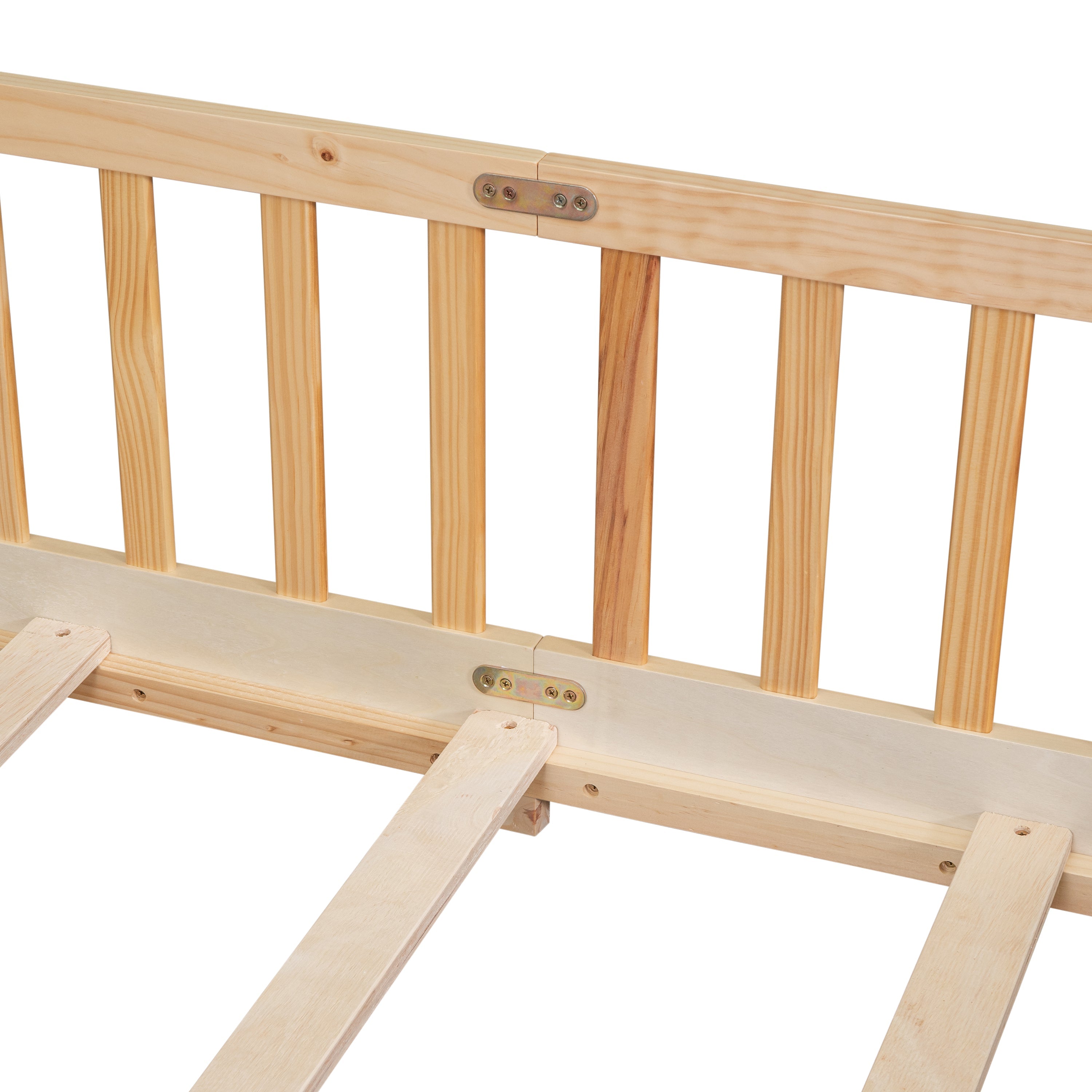 uhomepro Queen Size Wood Floor Bed Frame with Fence and Door for Kids, Toddlers, Natural