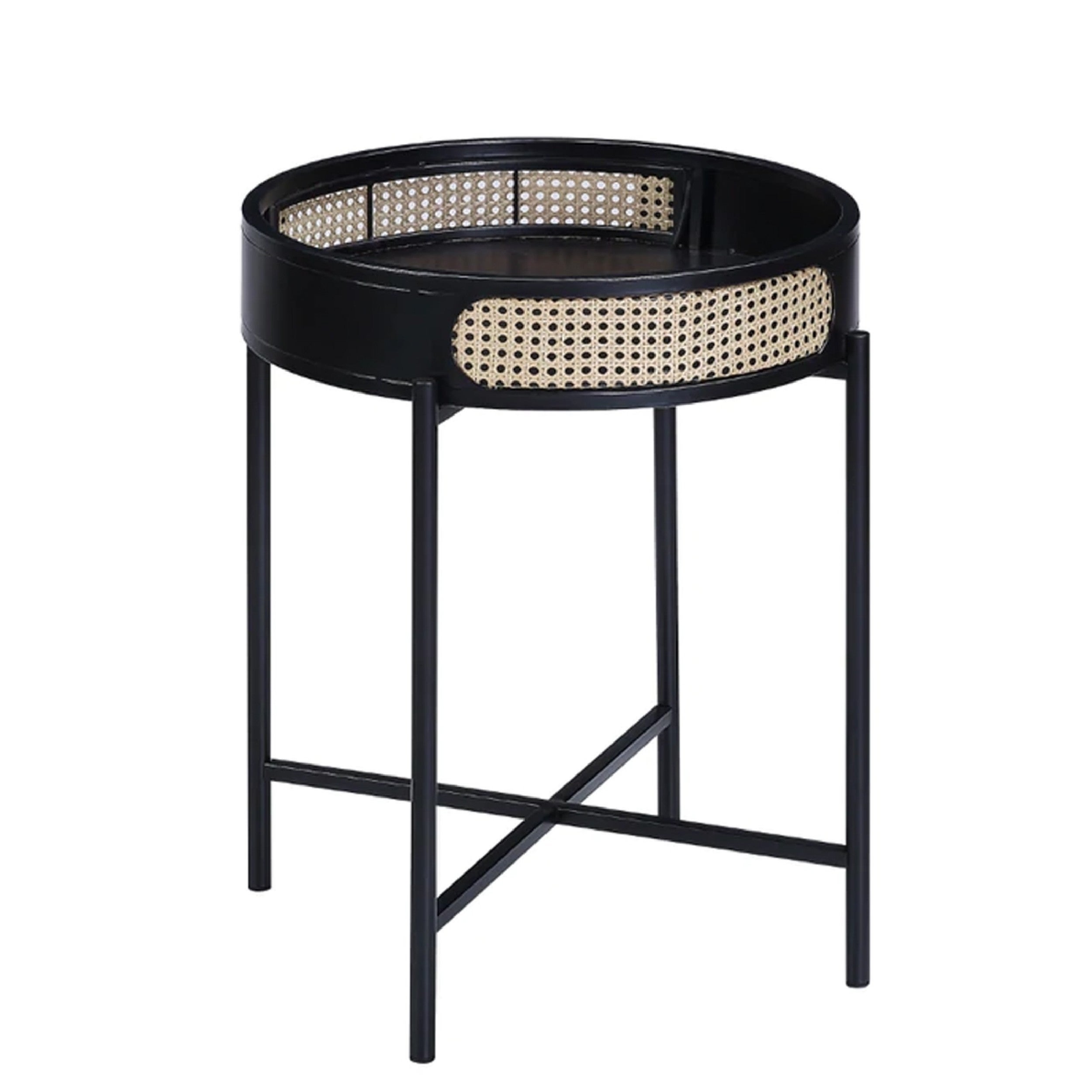 Bert 24 Inch Round End Table， Rattan Apron Accent， Metal Legs， Black