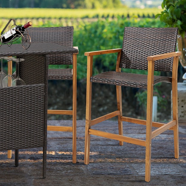 Costway 2pcs 4pcs Patio Pe Wicker Bar Chairs Height Barstools With Acacia Wood Armrests Balcony