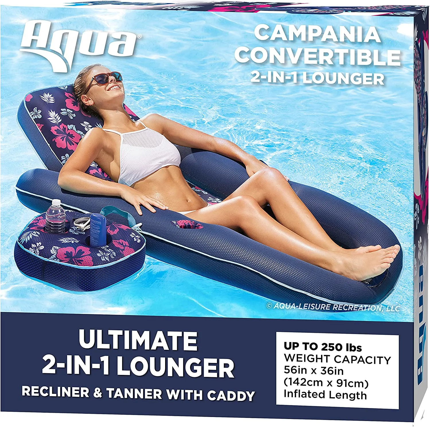 Aqua Campania Ultimate 2-in-1 Pool Float Lounge – Extra Large – Inflatable Pool Floats for Adults with Adjustable Backrest and Cupholder Caddy – Navy Hibiscus