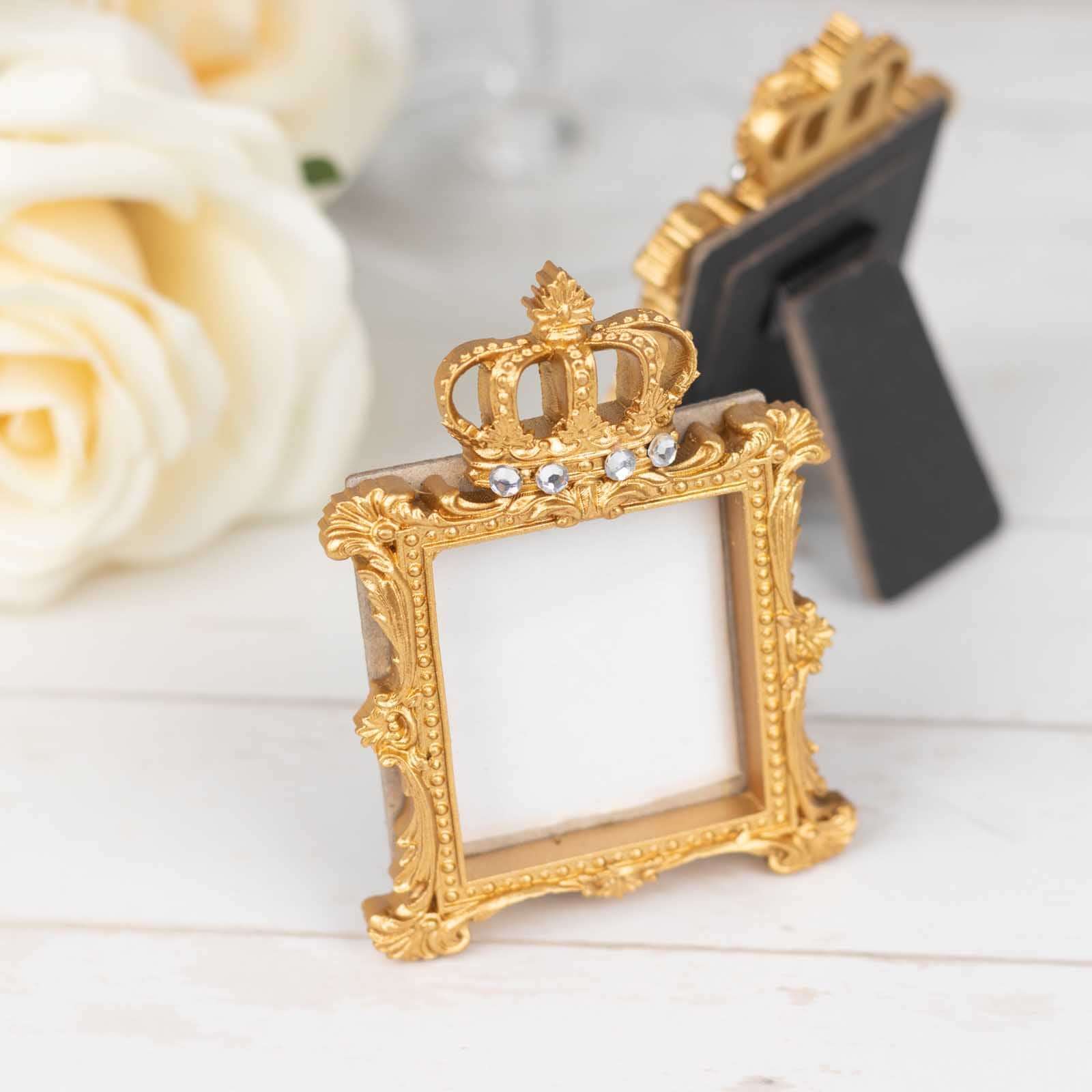 4 Pack Gold Resin Royal Crown Square Party Favors Picture Frame, Baroque Wedding Place Card Holders - 3.5