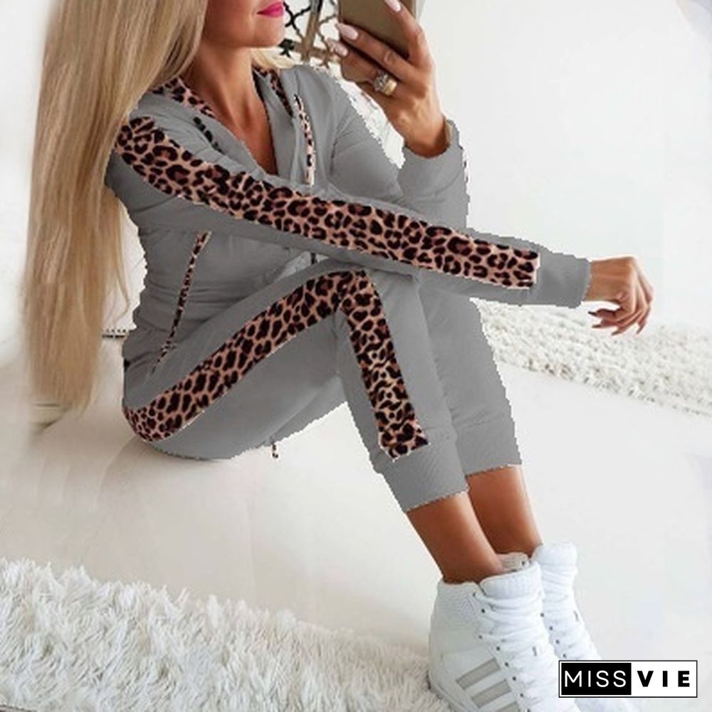 Women Fashion Leopard Print Two Pieces Sports Suits Tops With Pants Tracksuit 2 Pieces Set Sweatsuit Jogging Outfits For Women