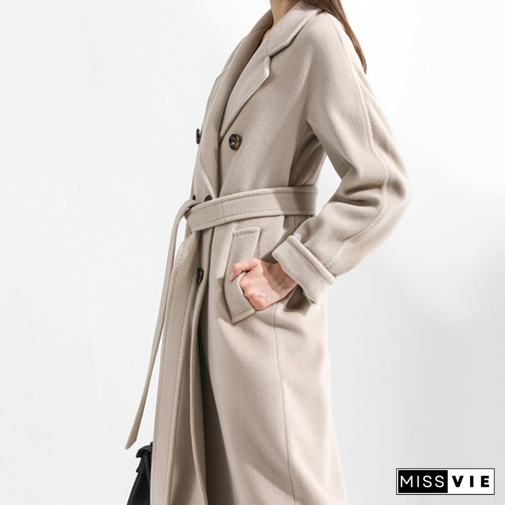 New Fashion Lapel Coat Slim Double Breasted Long-sleeved Silm Solid Color Woman Trench Coats