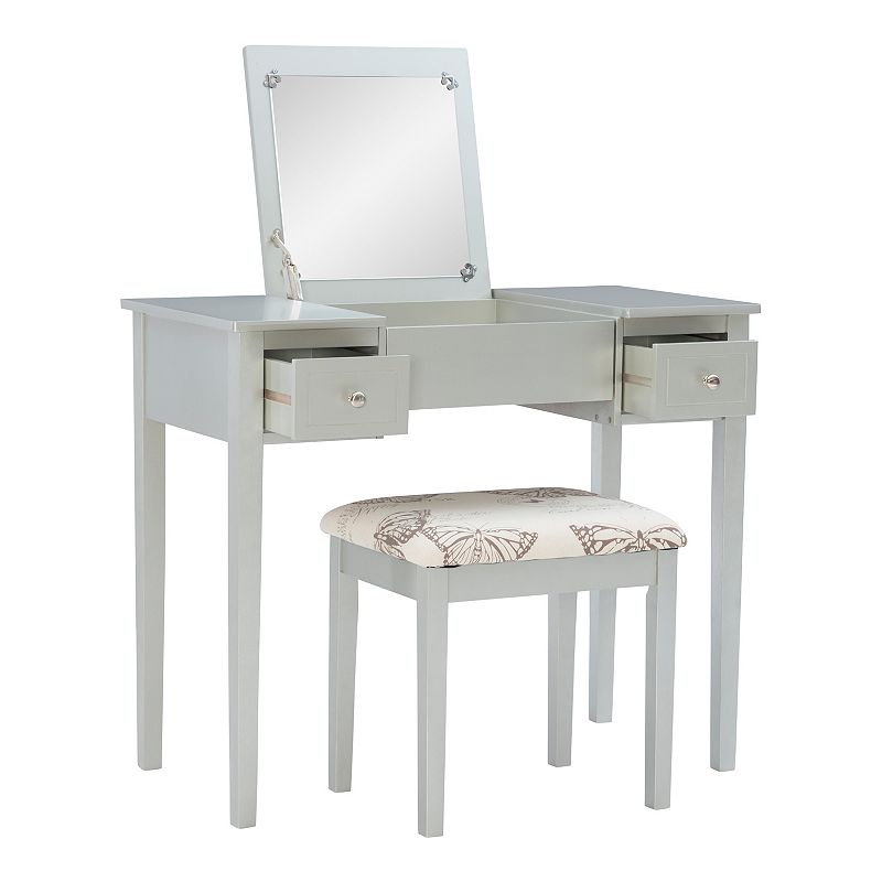 Linon Silver Butterfly Vanity and Stool