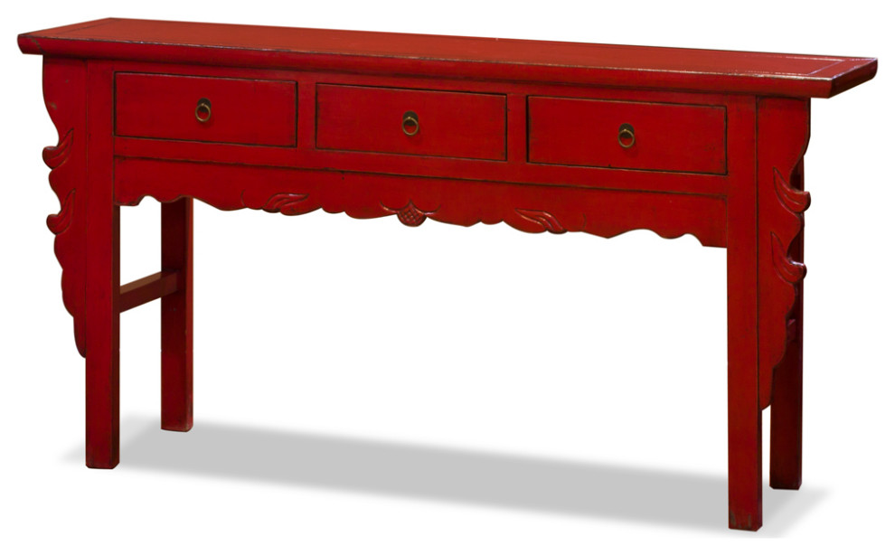 Vintage Distressed Red Elmwood Oriental Console Table with Drawers   Asian   Console Tables   by China Furniture and Arts  Houzz