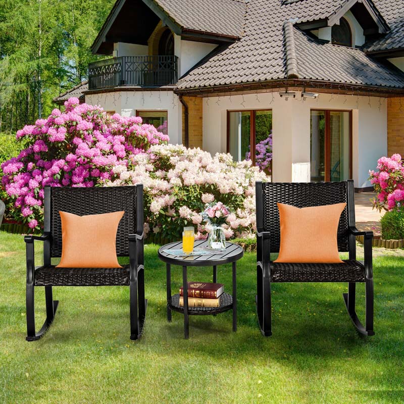 3 Pcs Rattan Patio Rocking Bistro Set with Side Table & Extra Storage Shelf, Outdoor Rocking Chair Furniture Set