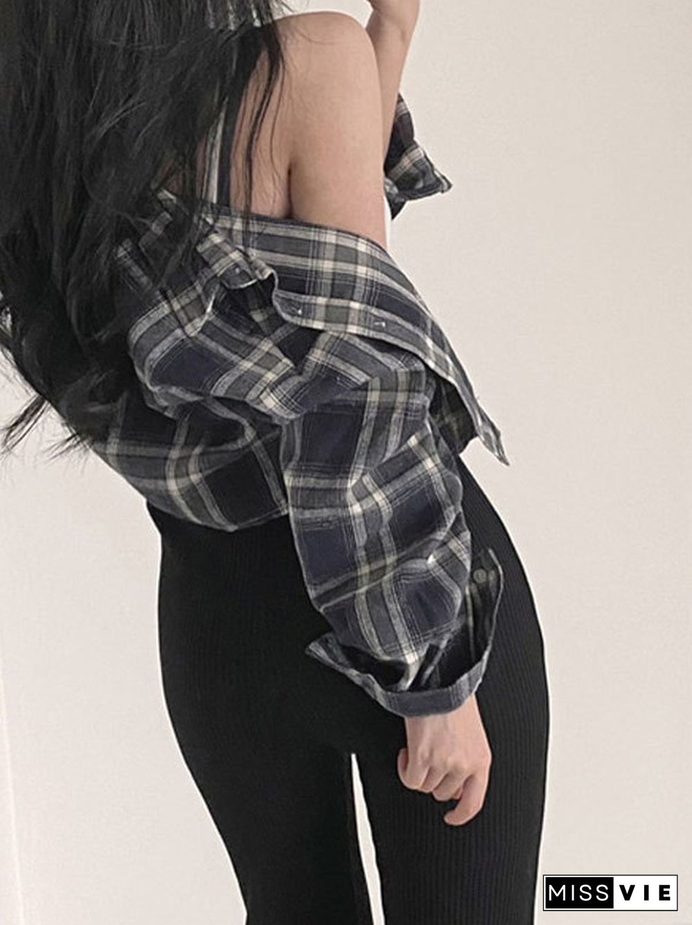 Cropped Long Sleeve Checkered Blouse