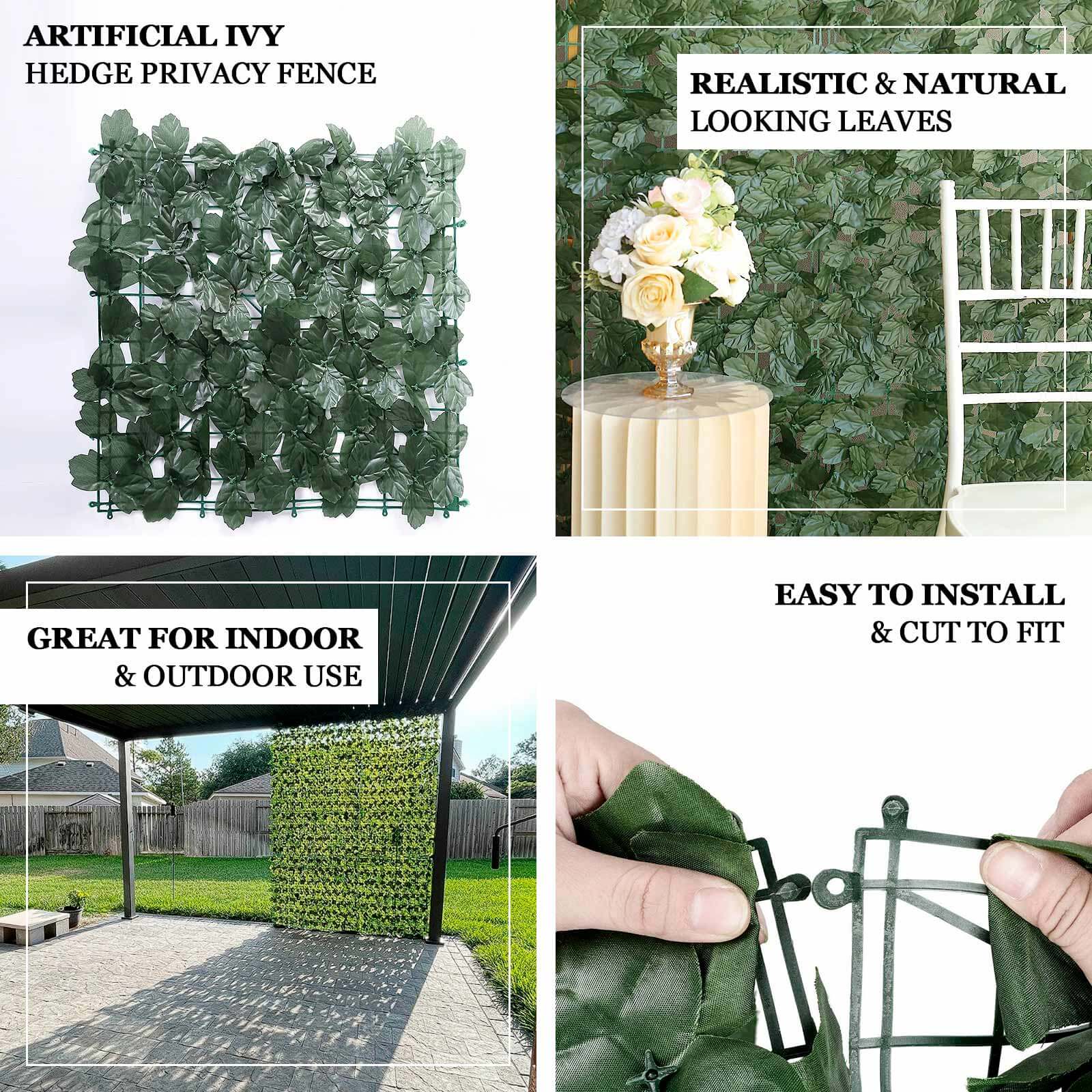 12 Pack Dark Green Artificial Ivy Privacy Screen Fence Wall Panel, Faux Leaf Hedge Greenery Garden Decor - 32 Sq. ft.