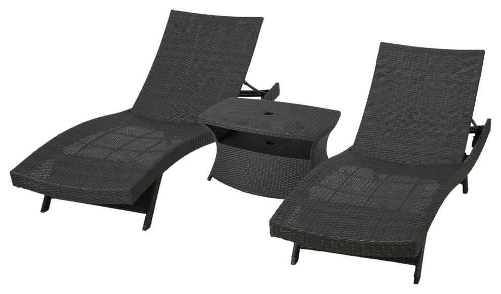 GDF Studio 3 Piece Pocono Outdoor Gray Wicker Chaise Lounge with Table Set   Tropical   Outdoor Lounge Sets   by GDFStudio  Houzz