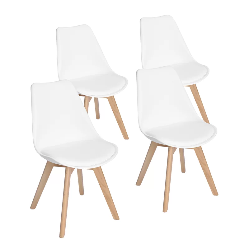 Matcha Chic Set of 4 Dining Chairs Mid-Century Modern Shell PU Seat with Wooden Legs-White