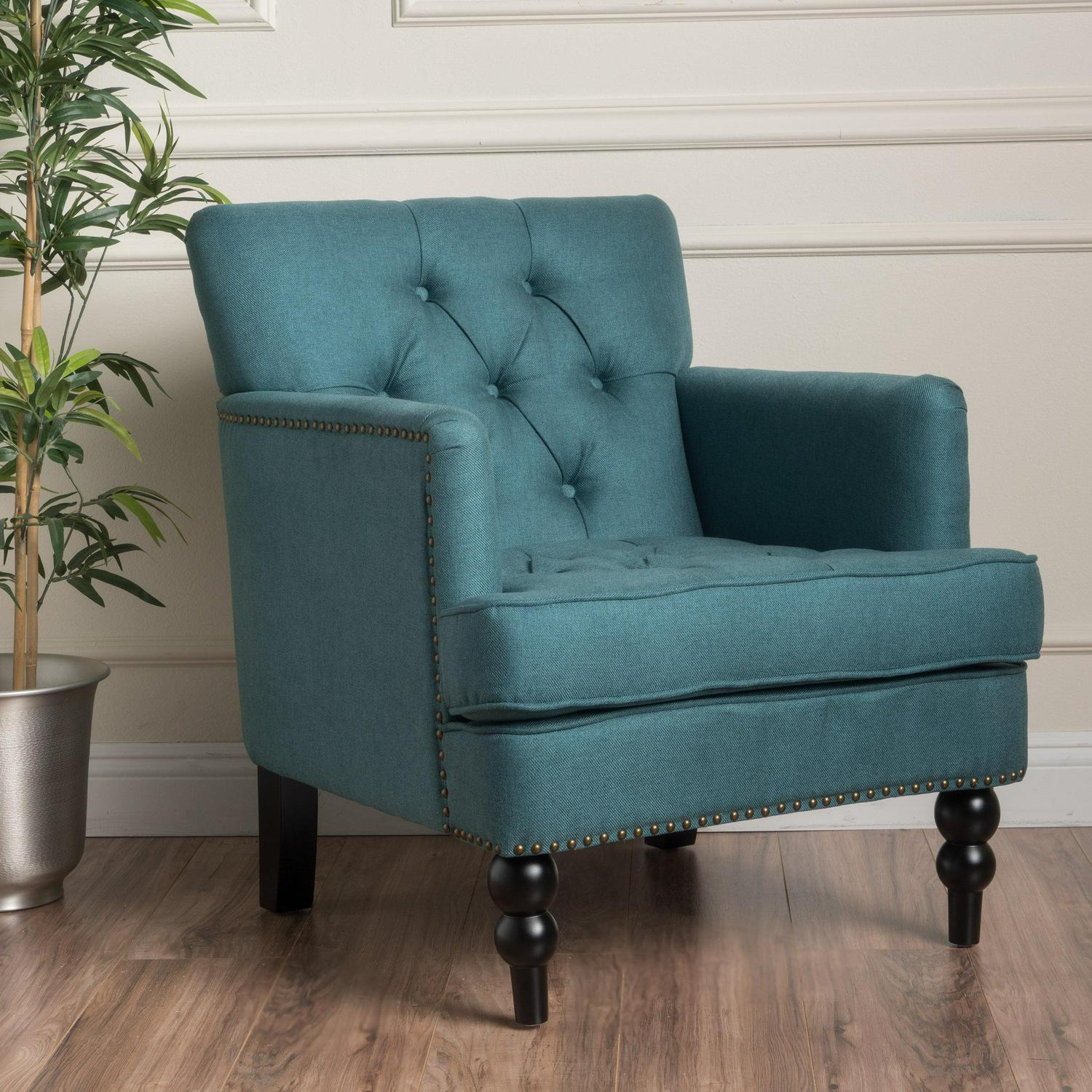 Noble House Madrid Dark Teal Fabric Club Chair， Blue