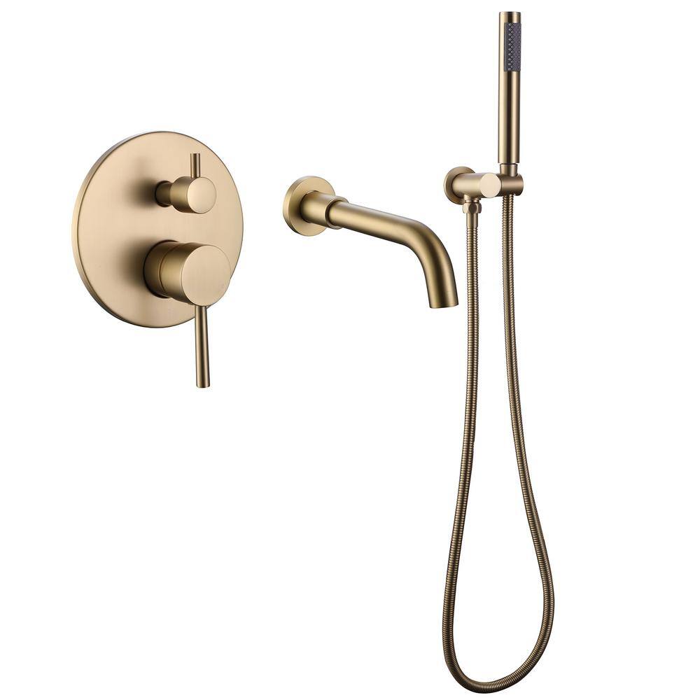 Hlihome Double-Handle Wall Mounted Roman Tub Faucet with Hand Shower in Brushed Gold RBDK-0908-BG