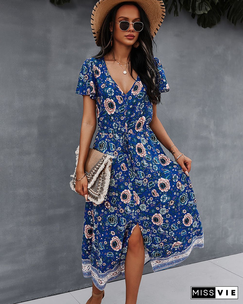 Side Split V Neck Floral Short Sleeve Maxi Dress