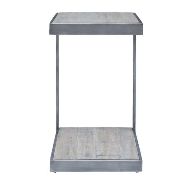 Metal Frame C Shape End Table with Wooden Top and Bottom， Antique Gray