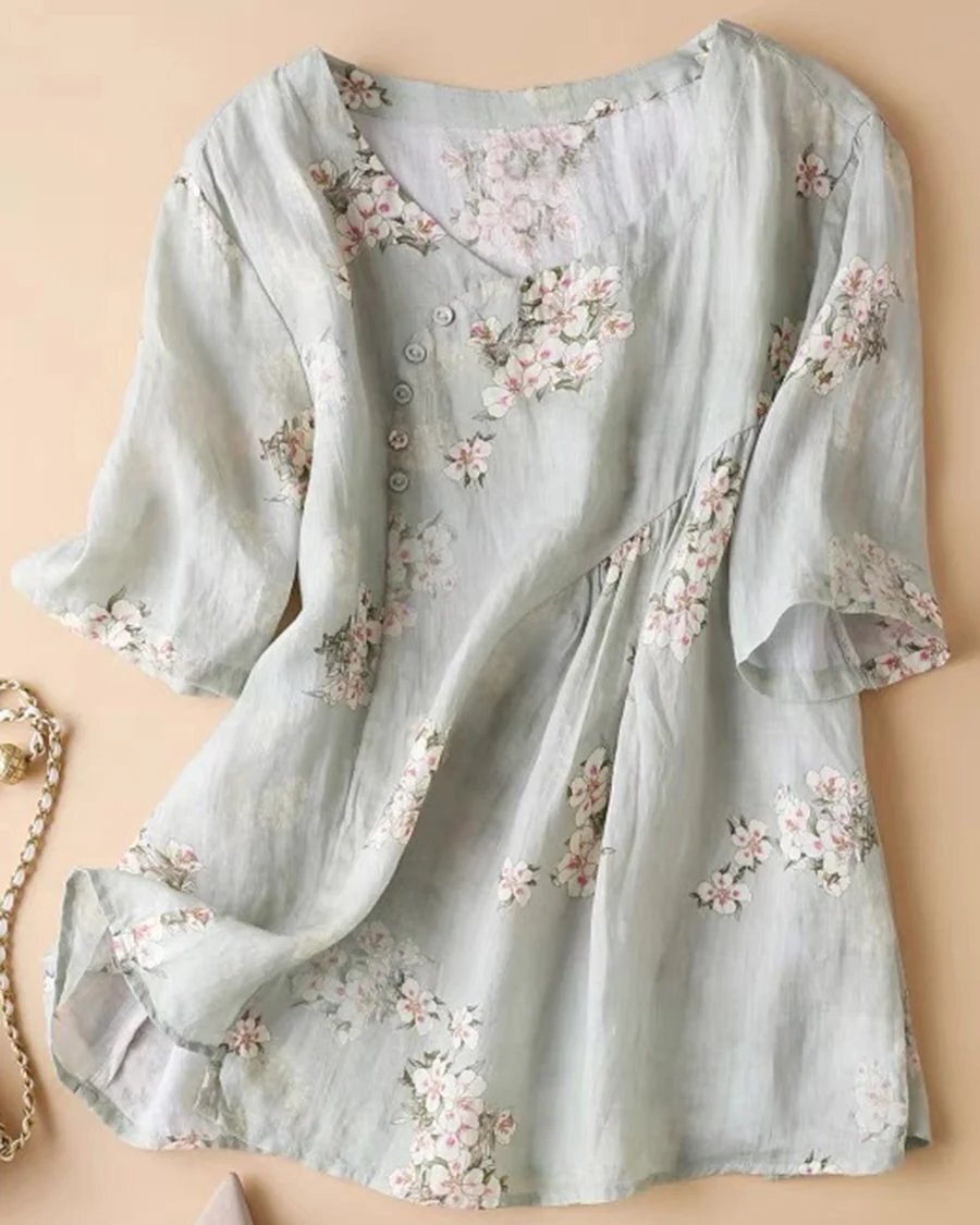 Cotton Linen Summer Fresh Printed Casual Top