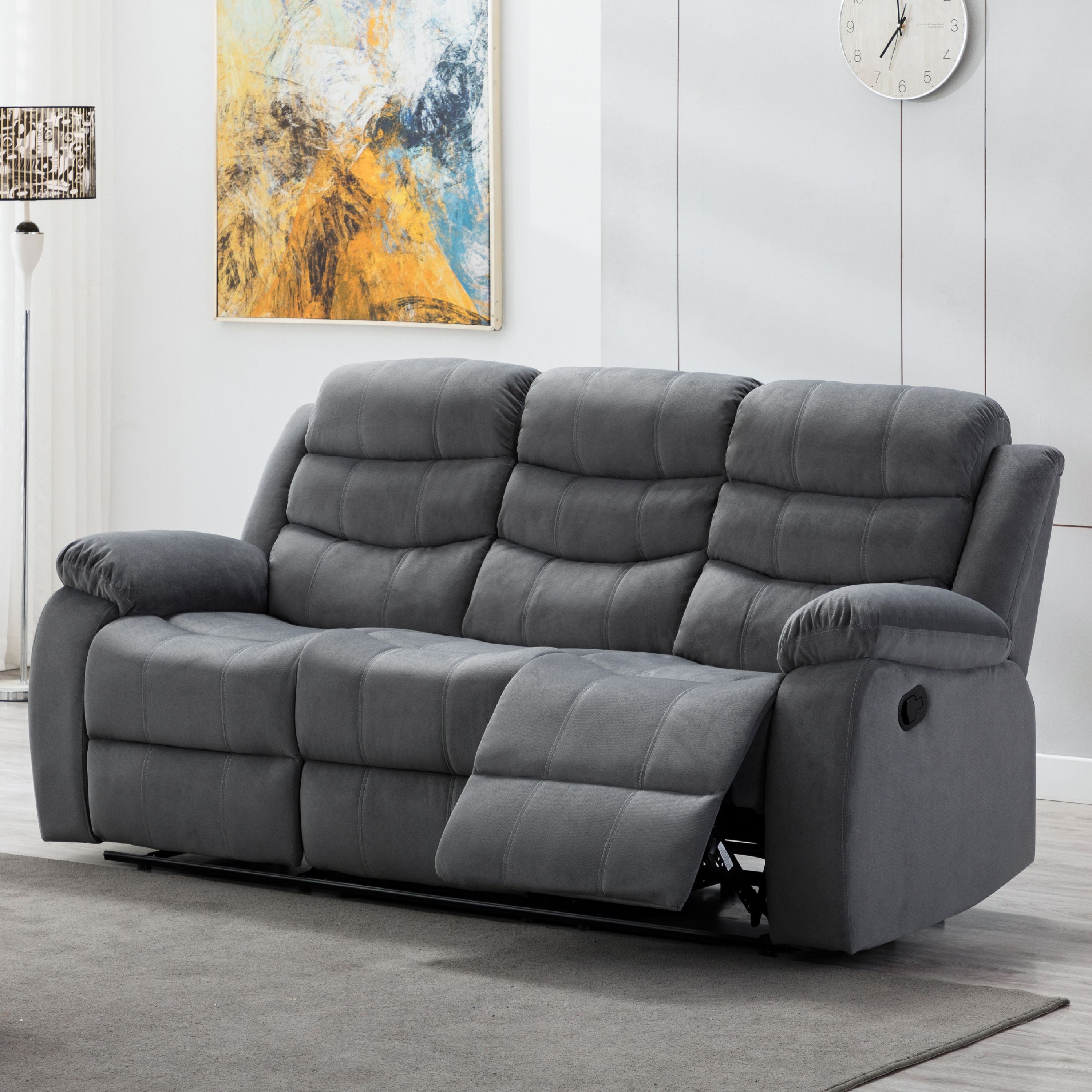 Jim Collection Contemporary Living Room Upholstered Reclining Sofa with 2 Recliners, Grey