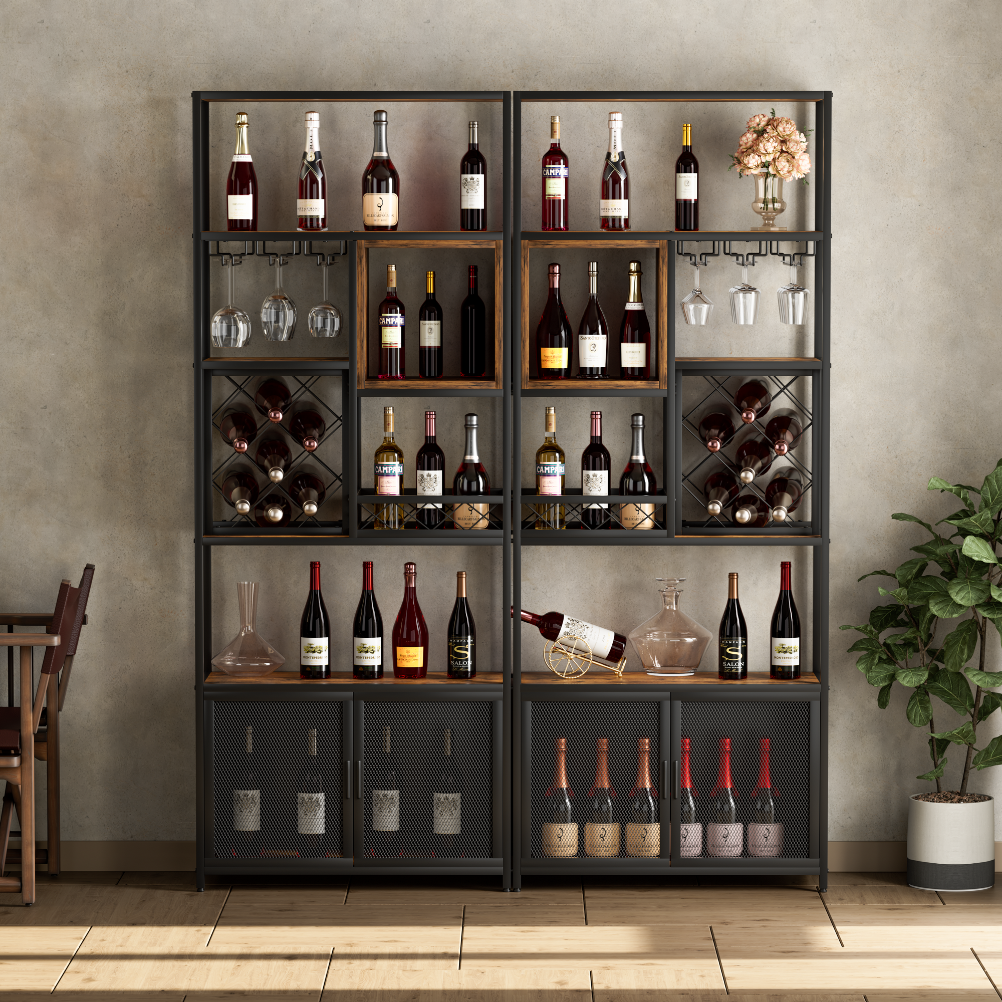 Industrial Tall Black Bar Wine Rack, 82.7 inch Wooden Home Bar Cabinet