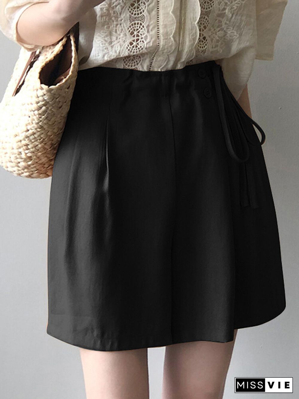 Solid Drawstring Waist Pocket Wide Leg Casual Shorts