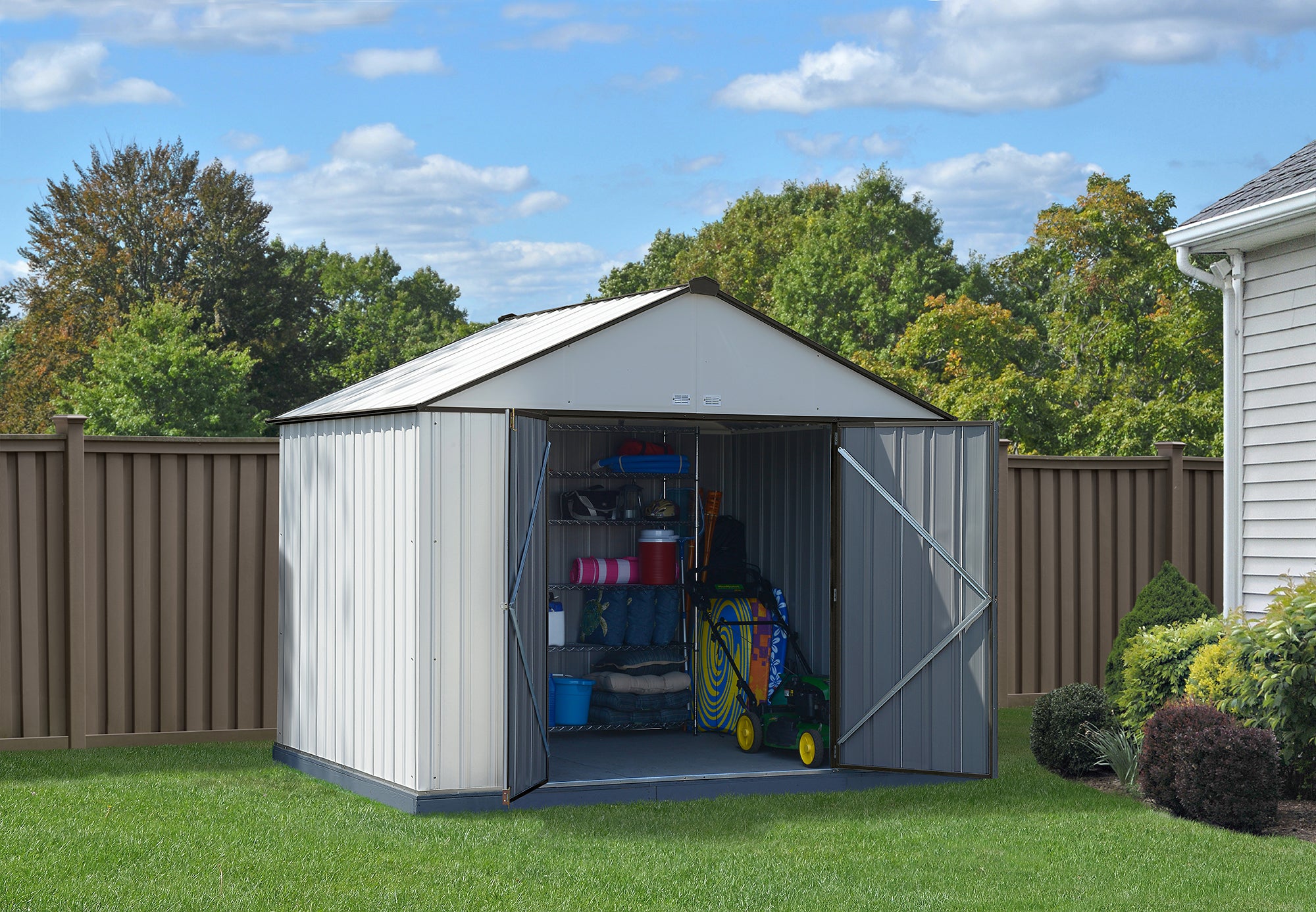 Arrow 10 x 8 ft. Galvanized Extra High Gable Steel Storage Shed, Cream and Charcoal Trim