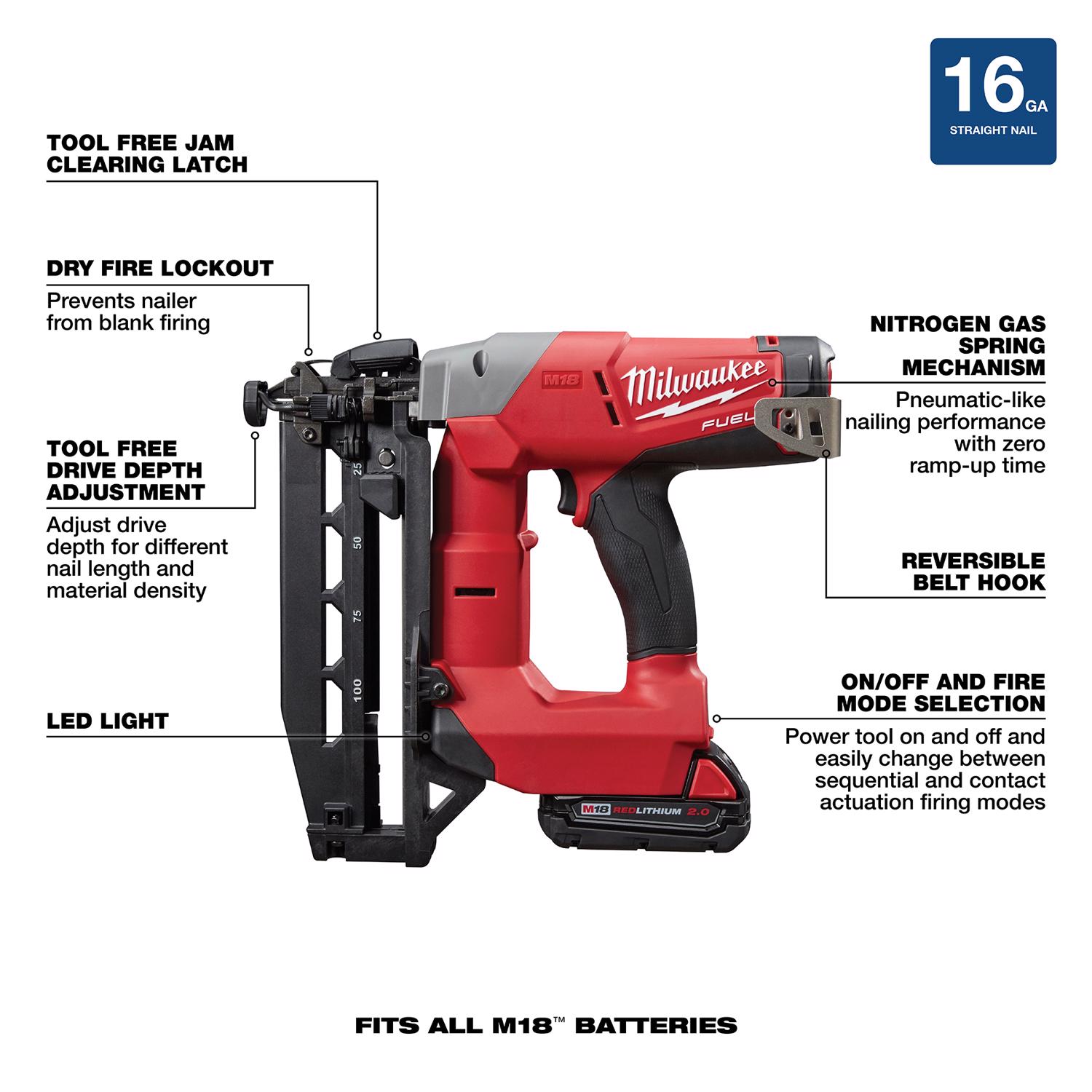 MW M18 Fuel 16 Ga. Cordless 90 deg Finish Nailer Kit (Battery \u0026 Charger) 18 V