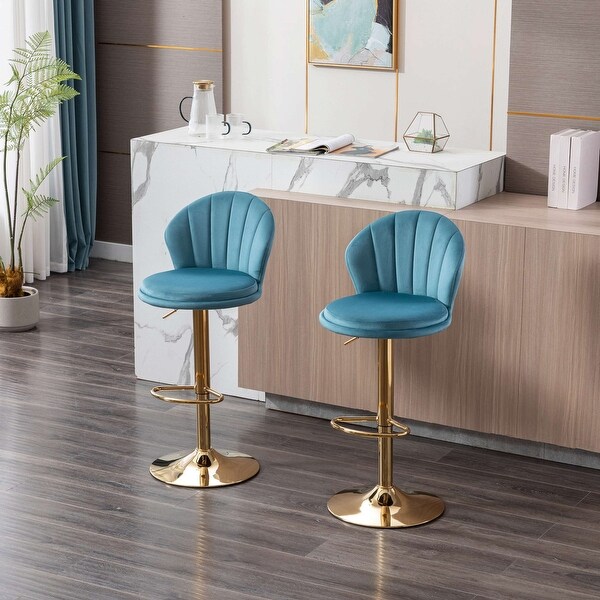 Bar Stools，with Chrome Footrest and Base Swivel Height Adjustable Mechanical Lifting Velvet + Golden Leg