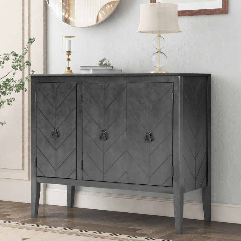 Wooden accent locker with adjustable shelf  vintage style sideboard with 3 doors and metal handles