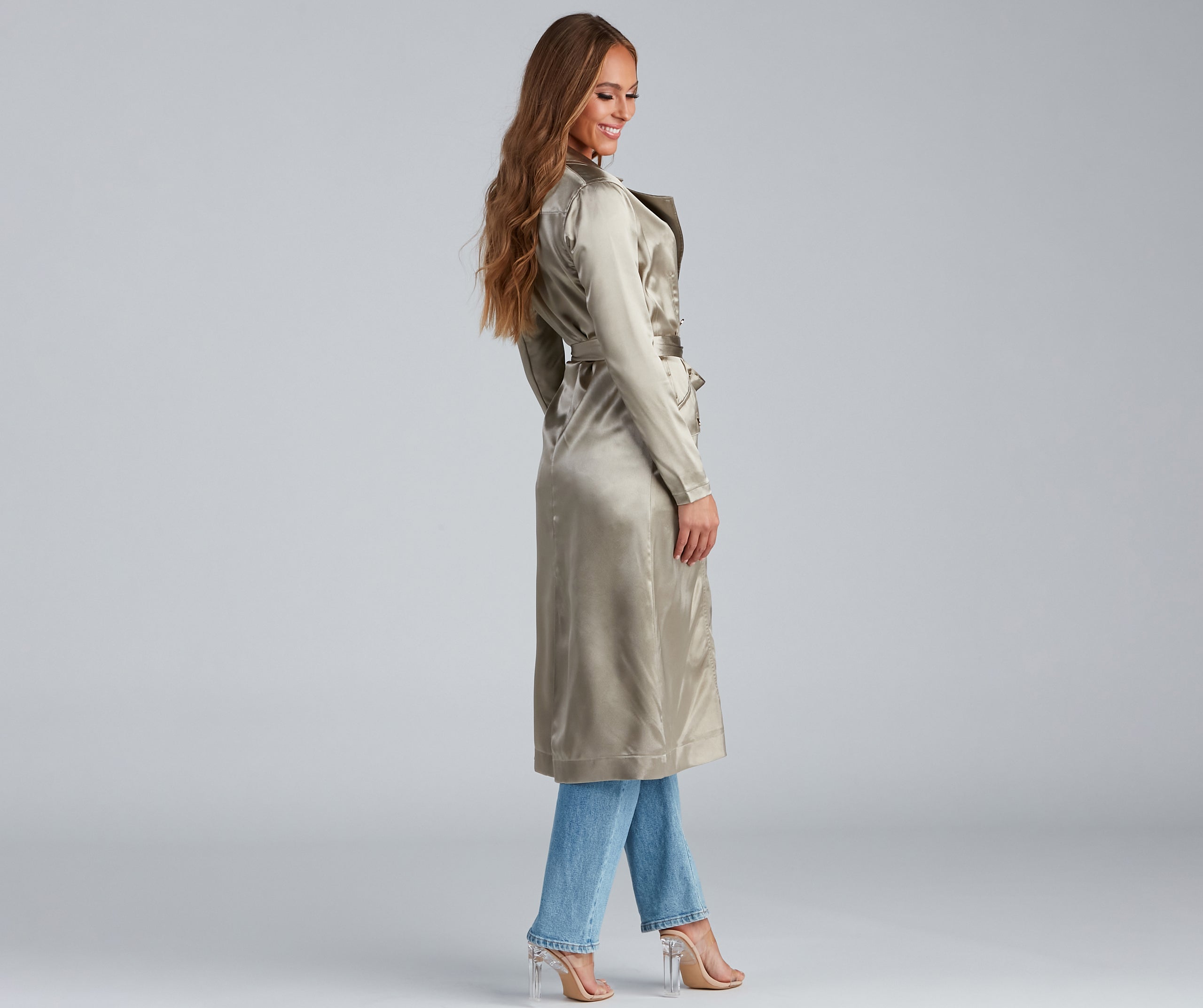 Sleek Sophistication Belted Satin Trench