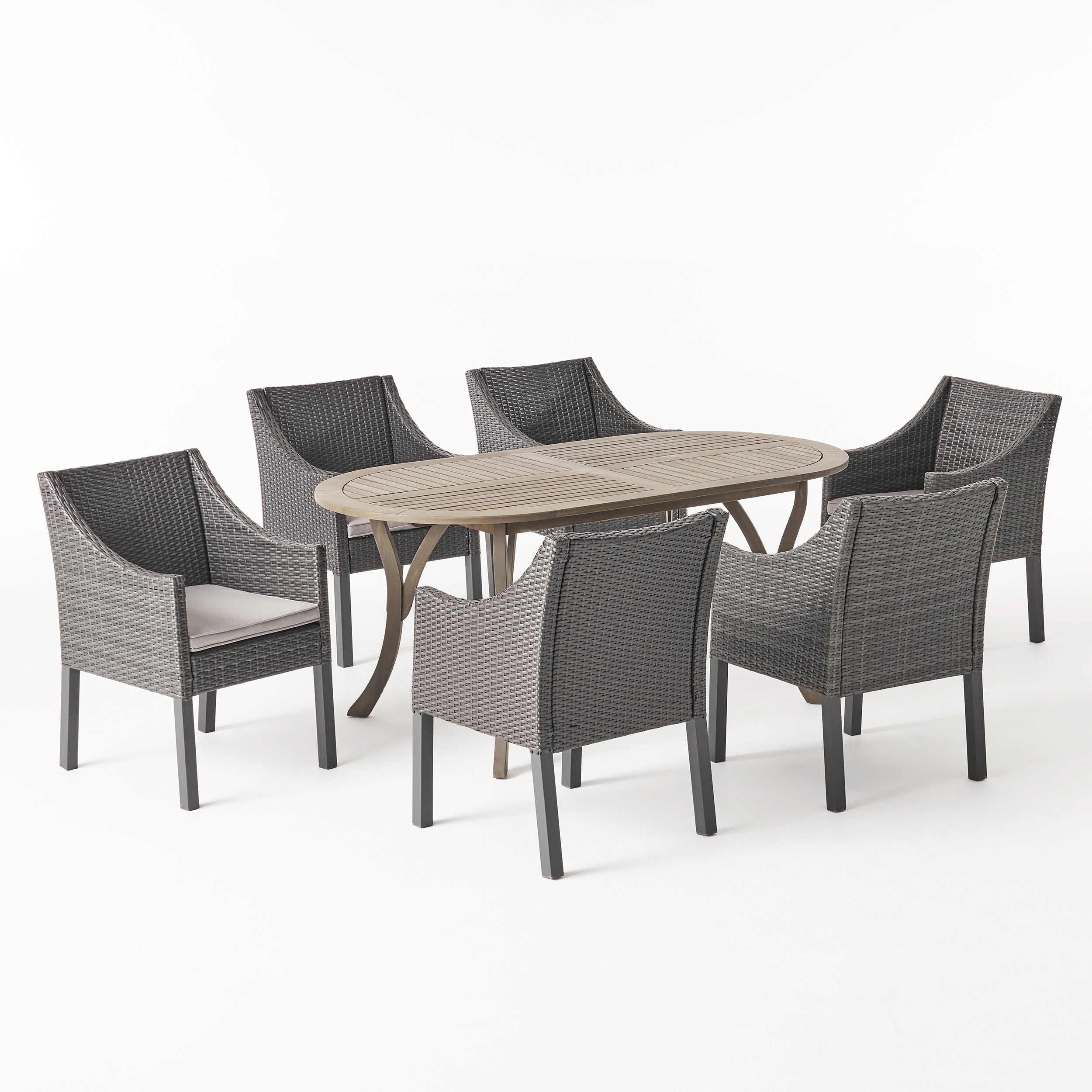 Pettit Outdoor 7 Piece Wood and Wicker Dining Set, Gray Finish and Gray