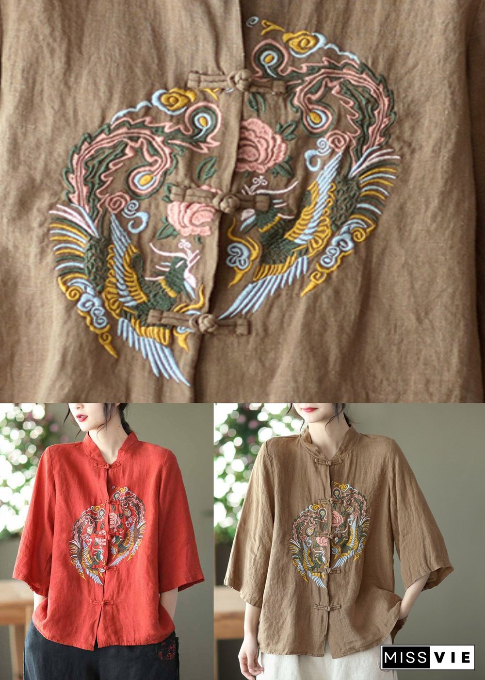 DIY Red Stand Collar Embroideried Linen Shirts Long Sleeve