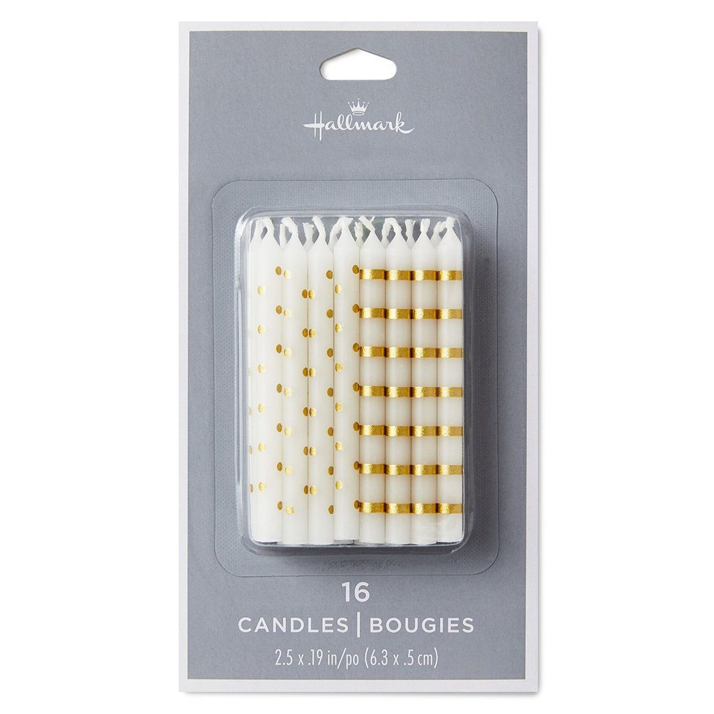 Hallmark  Gold Stripes and Polka Dots on White Birthday Candles, Set of 16