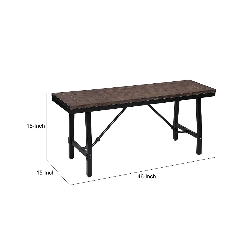 Industrial Wood and Metal Bench with Tube Leg Support， Brown and Black