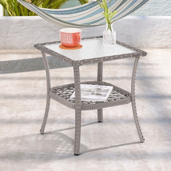 LIVOOSUN Patio Water Rippled Glass Side Table Rattan Coffee Table