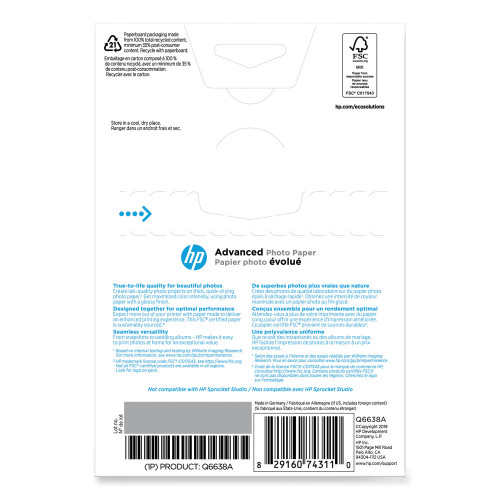 HP Advanced Photo Paper， 10.5 mil， 4 x 6， Glossy White， 100/Pack (Q6638A)