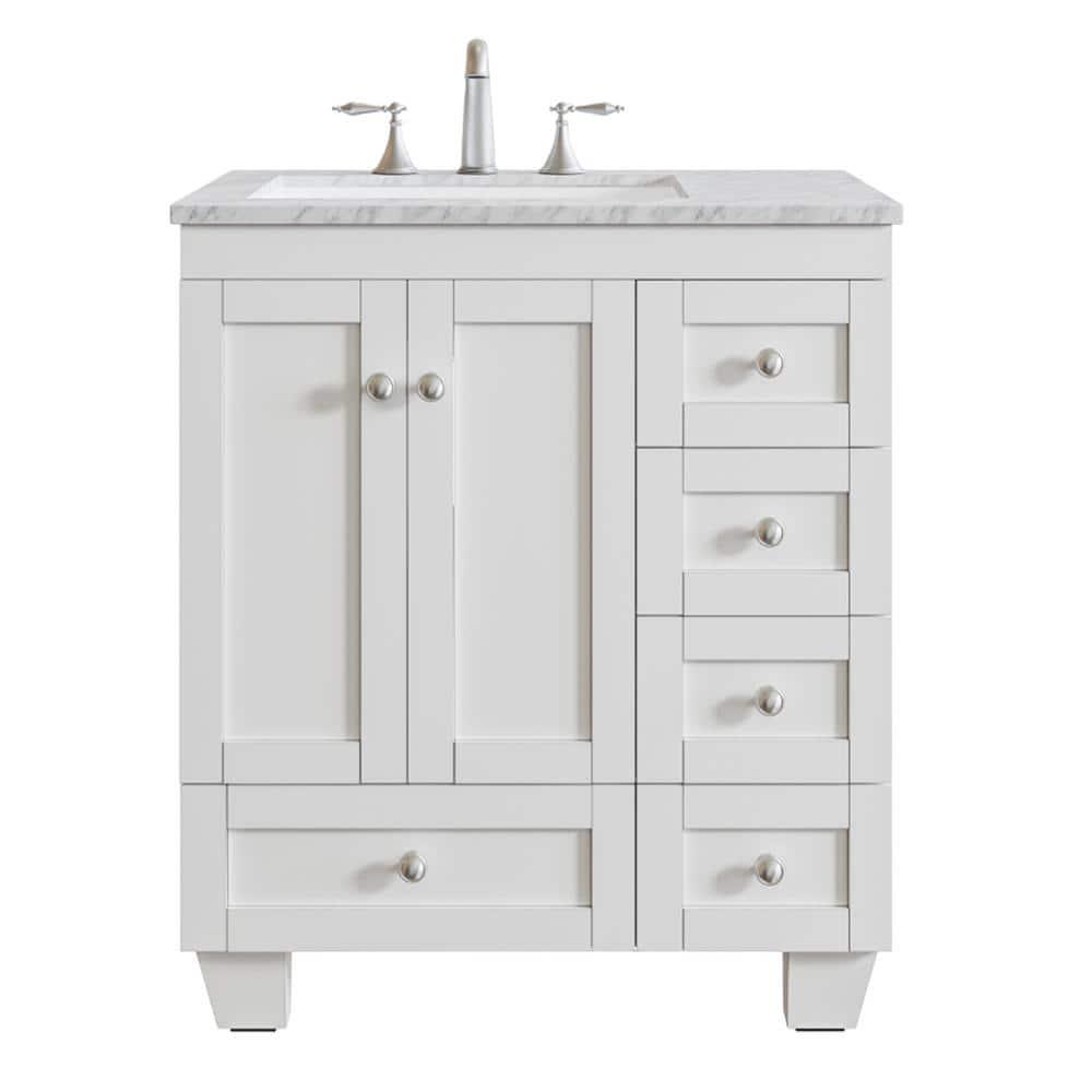 Eviva Acclaim 30 in W x 22 in D x 34 in H Bath Vanity in White with White Carrara Marble Vanity Top with White Sink