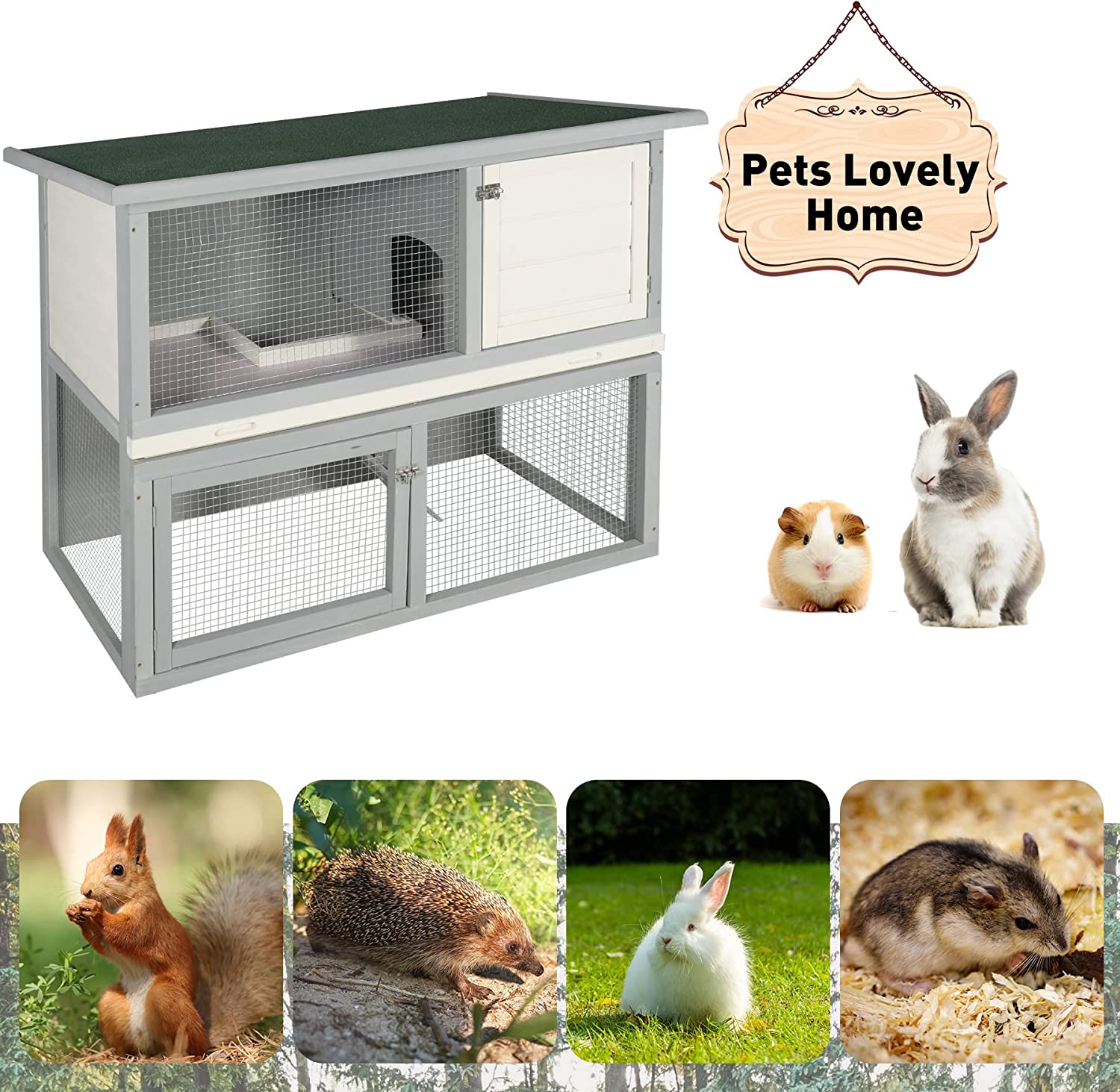 Lineslife Large Rabbit Hutch Without Wire Bottom for Outdoor， 48'' Weatherproof 2 Story Bunny Cage for 2~4 Rabbits with Pull Out Tray and Run， Grey