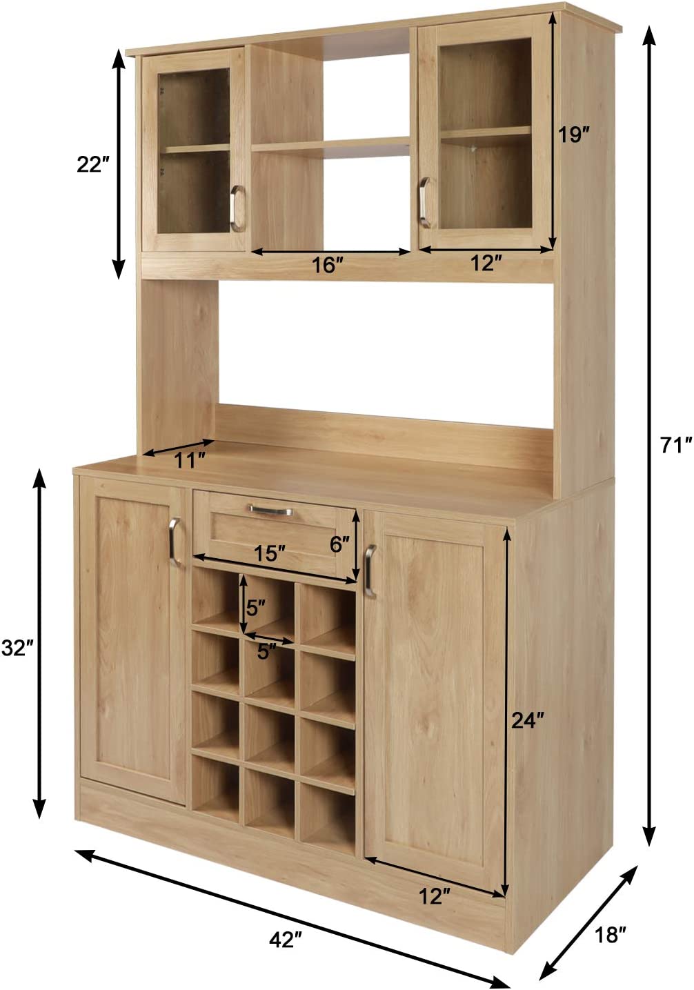 Coewske 71 Tall Kitchen Pantry Storage Cupboard with Wine Rack Drawer Natural