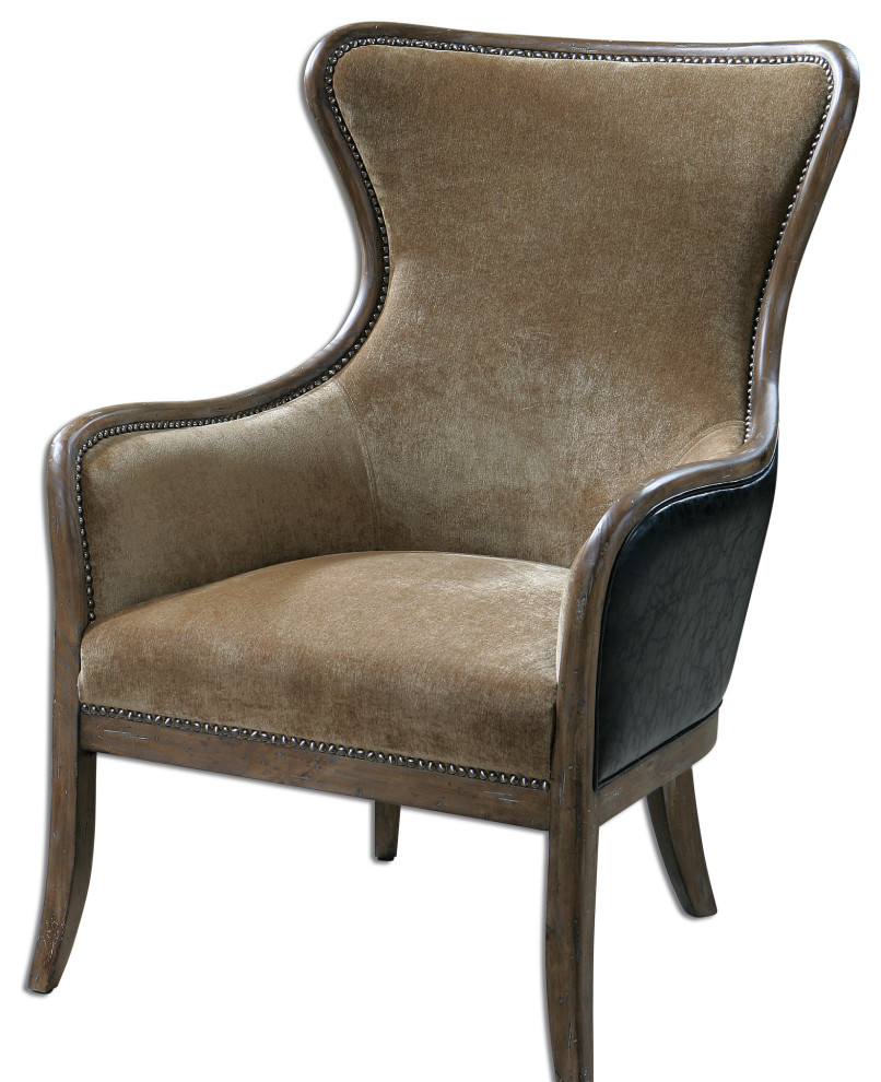 Plush Tan and Chocolate Brown Velvet Wing Chair Classic Brass Nailhead Trim Arms   Traditional   Armchairs And Accent Chairs   by My Swanky Home  Houzz