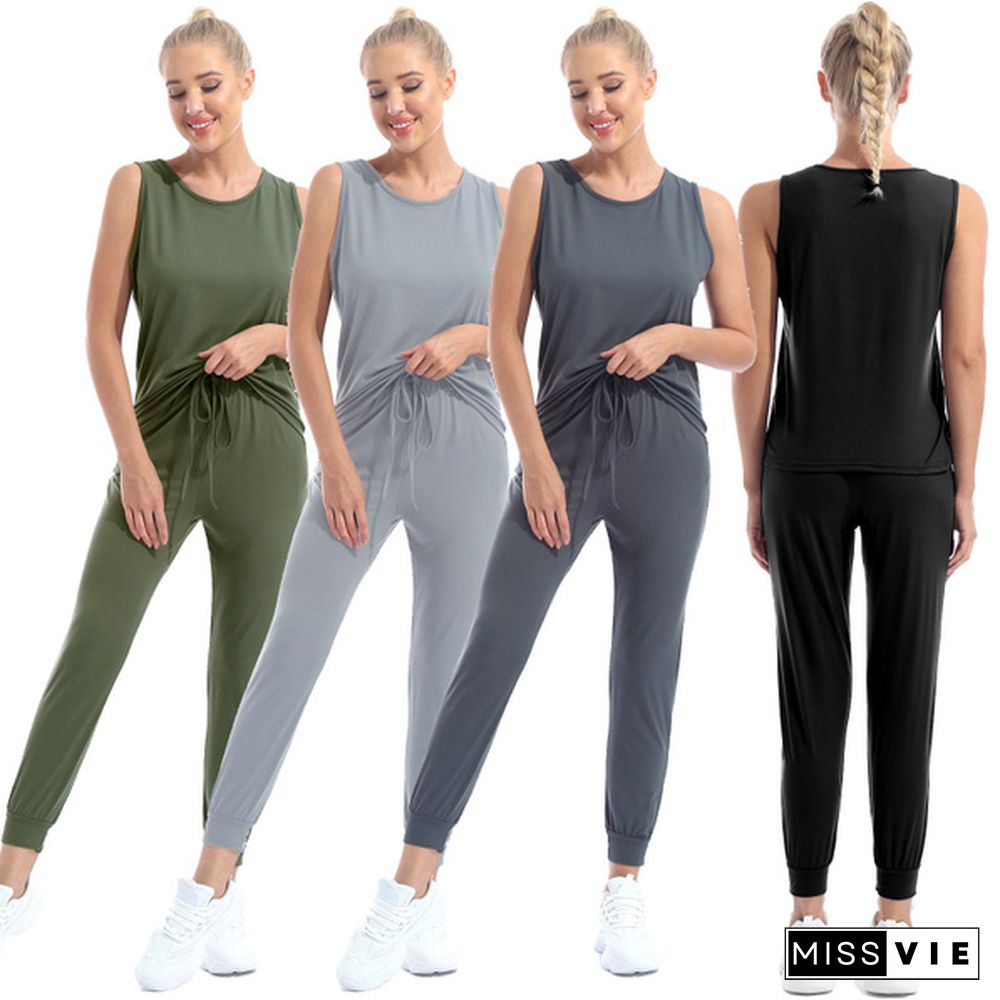 Women’S Solid Color Two Piece Outfit Sleeveless Crewneck Pullover Tops And Long Pants Sweatsuits Tracksuits