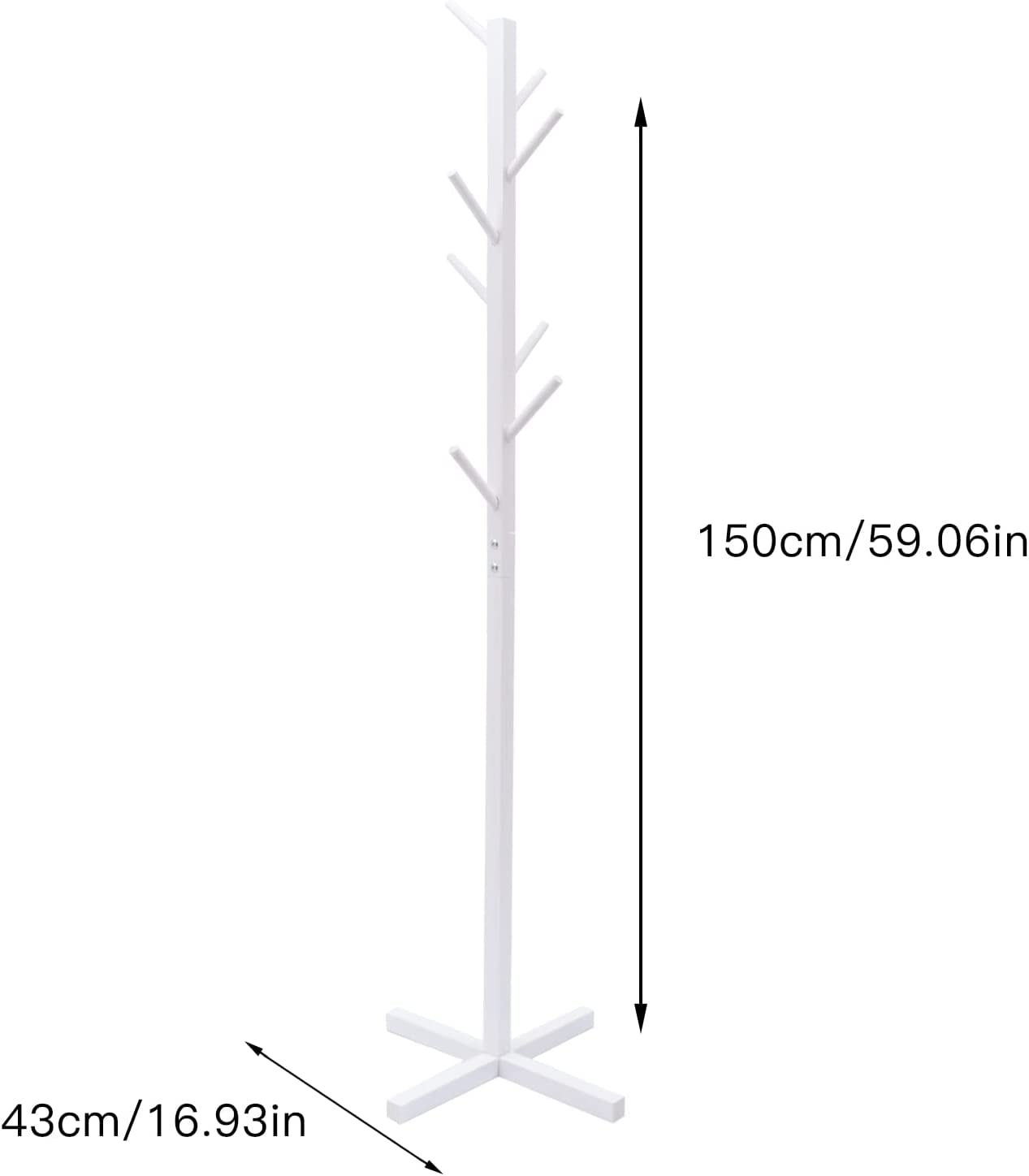 Miumaeov Wooden Coat Rack Stand， Free Standing Tree Hanger， Standing Coat Rack with 8 Hooks， Hallway Entryway Clothes Hanger for Suits， Hats， White