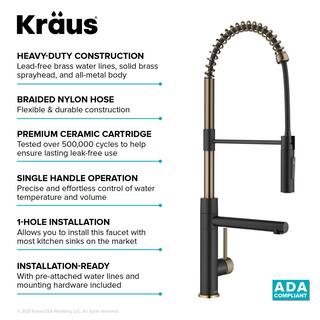 KRAUS Artec Pro Pull-Down Single Handle Kitchen Faucet with Pot Filler in Spot Free Antique Champagne Bronze  Matte Black KPF-1604SFACBMB