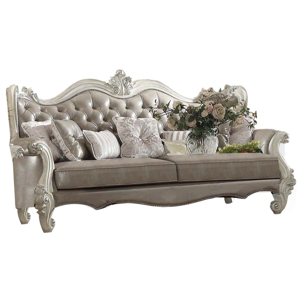 ACME Versailles Sofa (w/7 Pillows)  Vintage Gray PU   Bone White