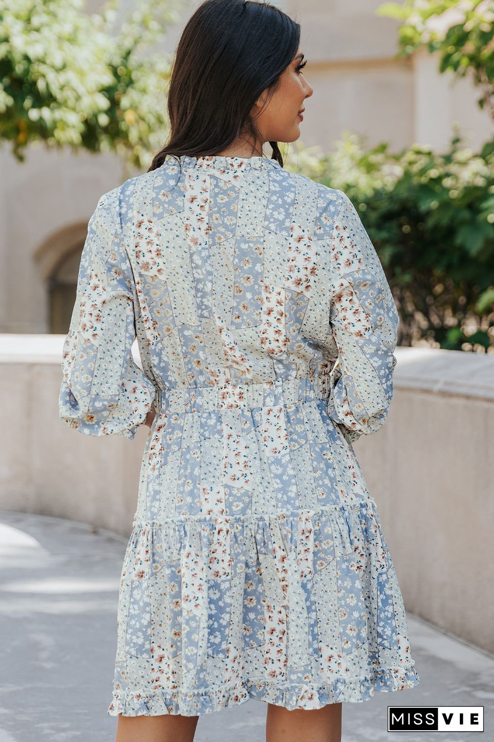 Sky Blue Floral Split V Neck Tiered Ruffle Dress