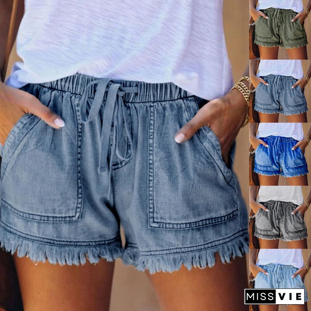 Ladies Elastic Waist Casual High Waist Slim Thin Denim Shorts Hot Pants