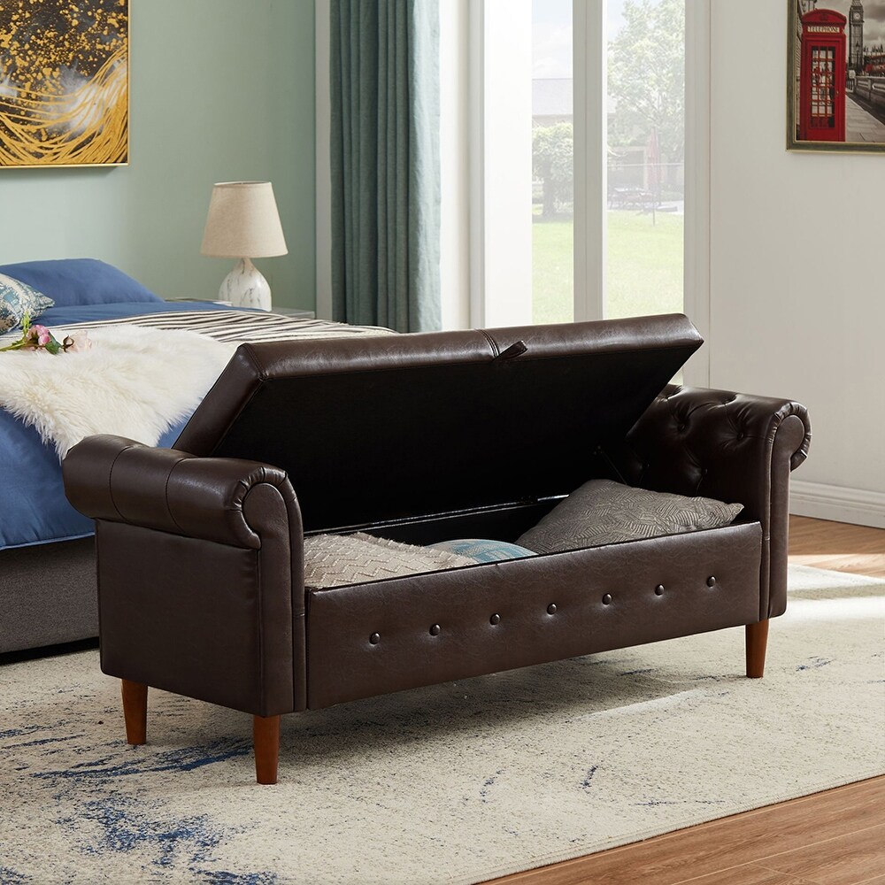 Leather Upholstered Rectangular Storage Sofa Stool with Button Tufting