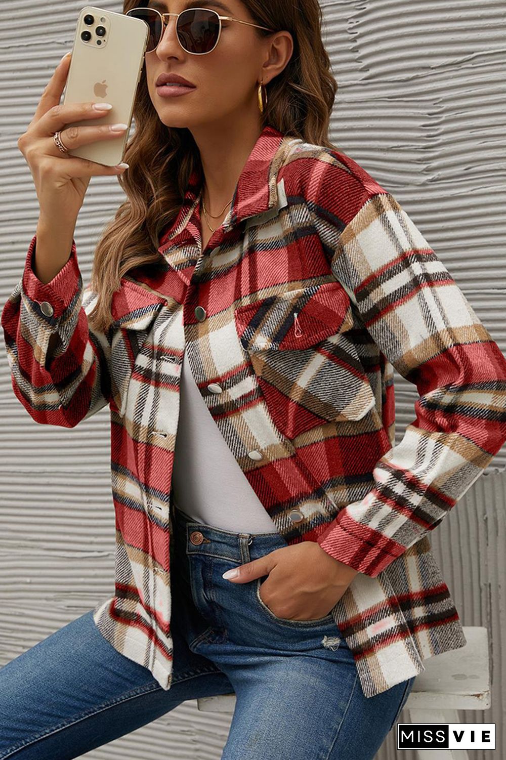 Plaid Button Down Pocketed Shacket Jacket Women Wholesale