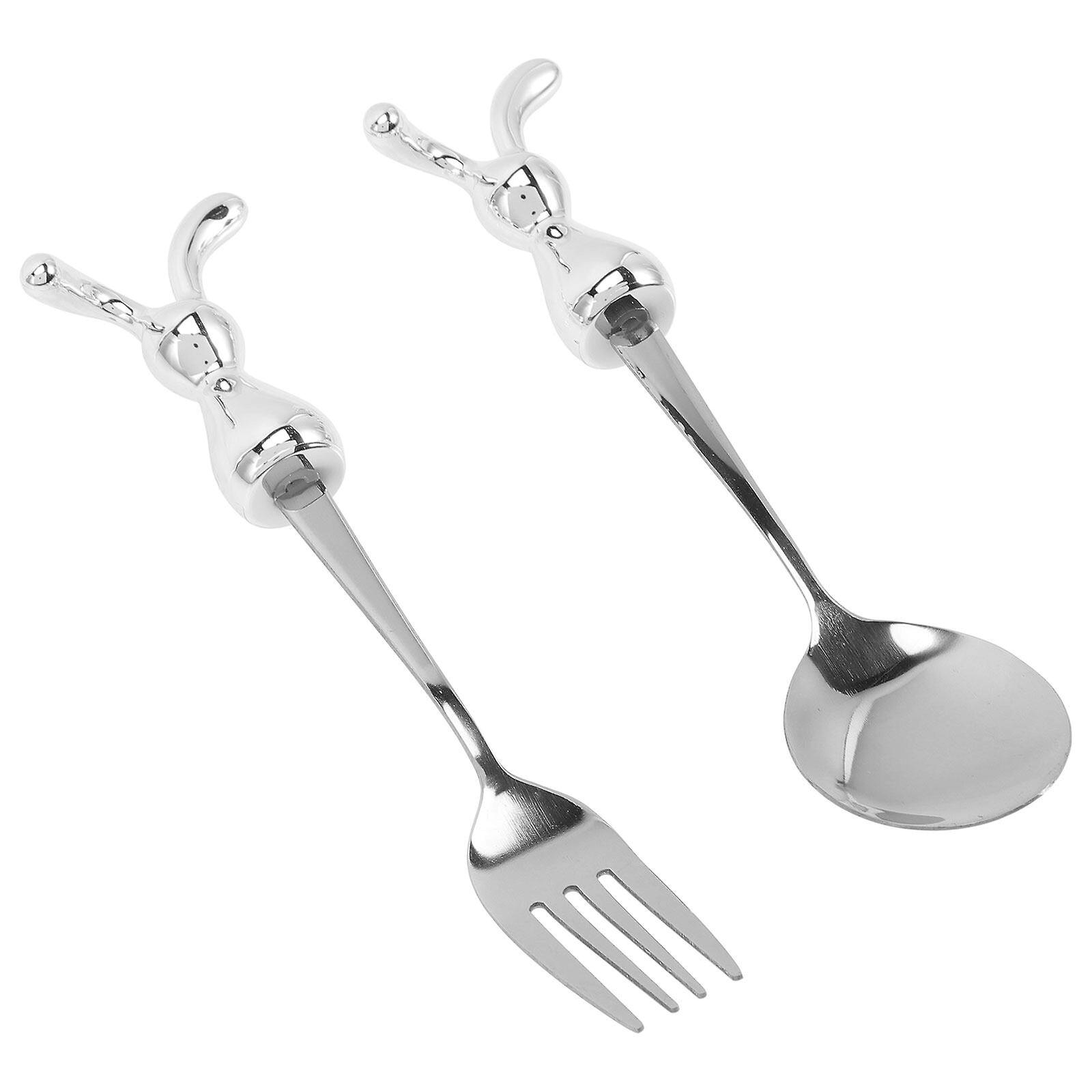 2pcs Stainless Steel Fork Spoon Set Bunny Rabbit Shaped Handle Kitchen Cutlery Utensil For Kids