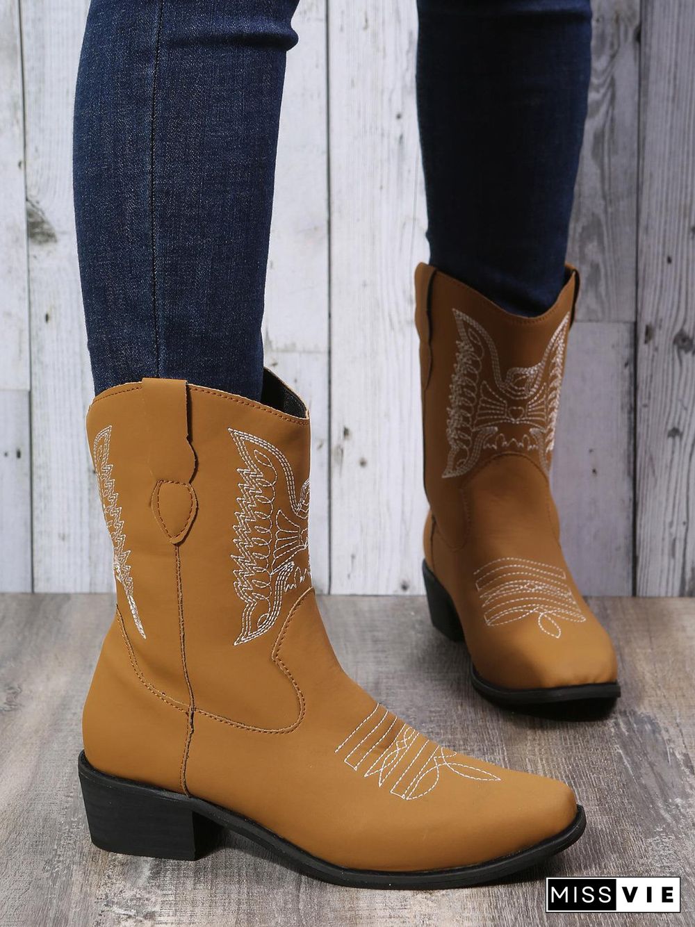 Embroidered Ethnic Chunky Heel Cowboy Boots