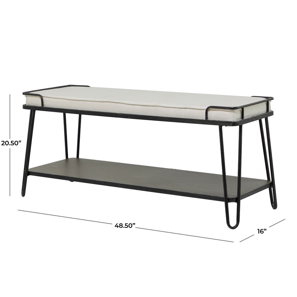 Black Metal Single Shelf Bench with White Upholstered Seat   49 x 16 x 21