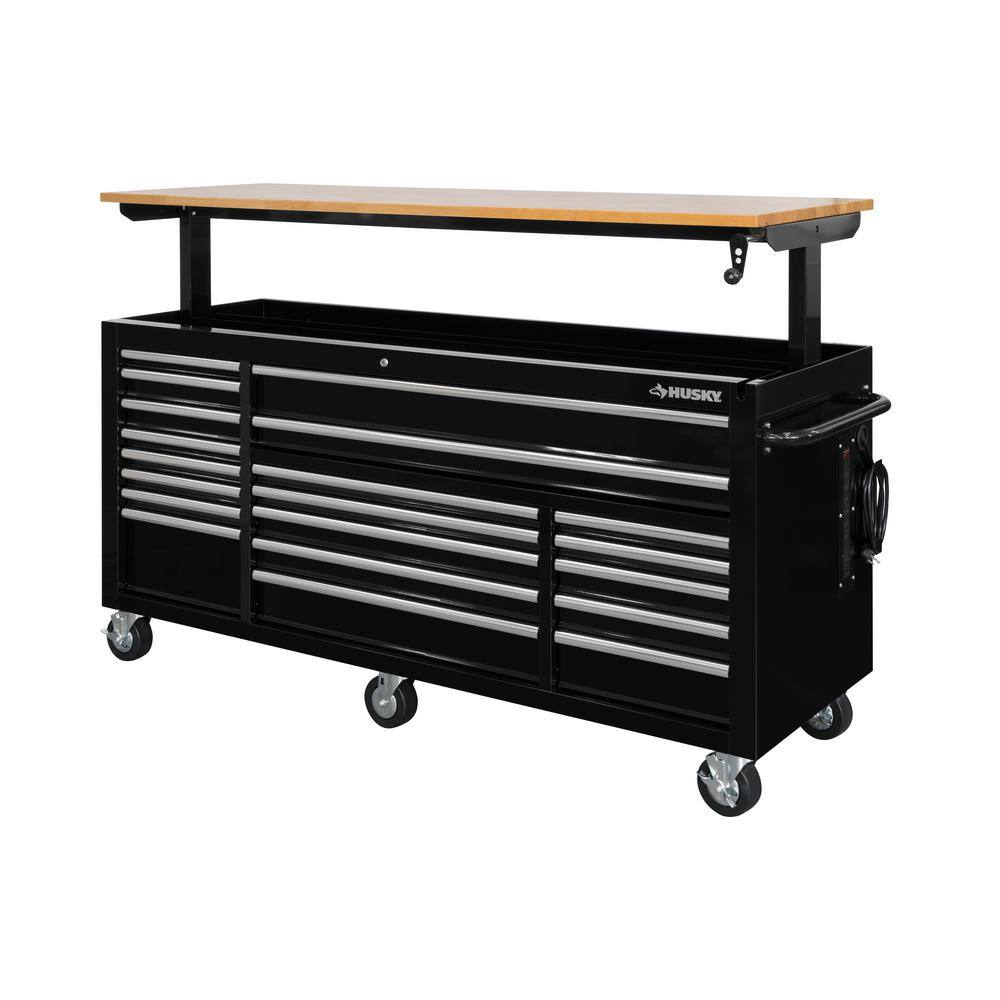 Husky 72 in. x 24.1 in. D 20-Drawer Mobile Workbench with Adjustable Height Solid Wood Top in Gloss Black HOLC7220B11M